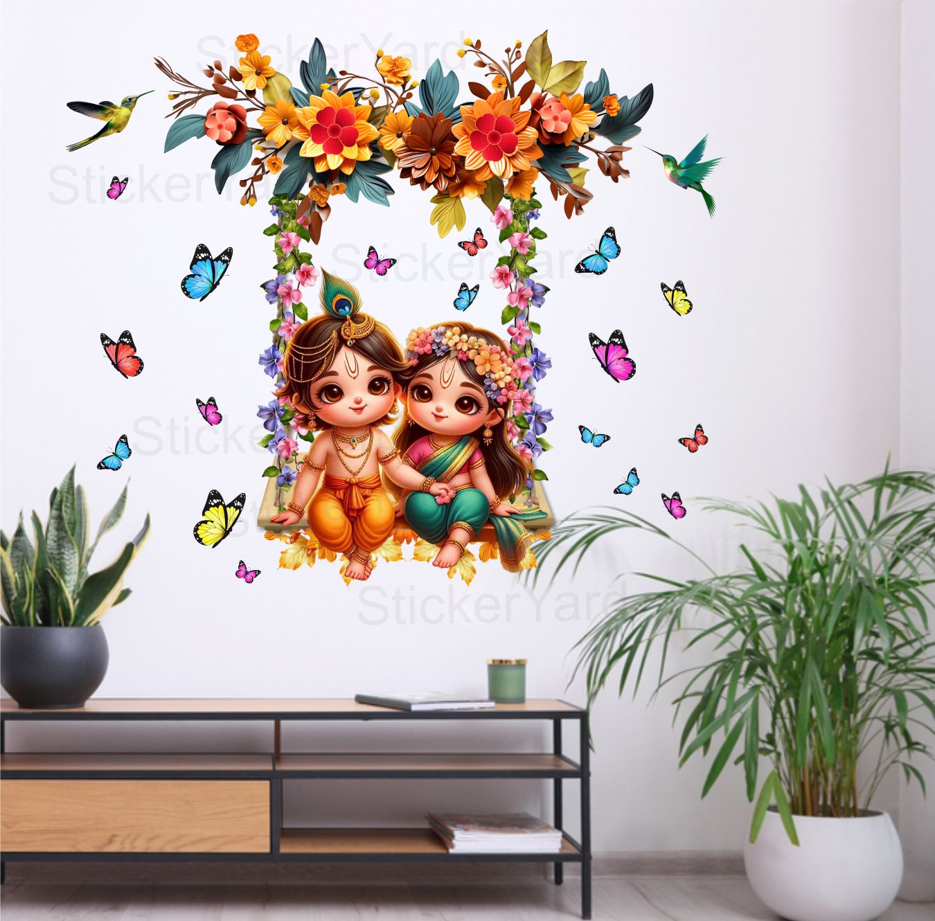 FramingoKart   Pvc Vinyl Cute Radha Krishna On Flower Branch Self-Adhesive Wall Sticker for Home Decor/Decoration - Living Room, Bedroom, Kids Room (Multicolor,Size 79X66CM)