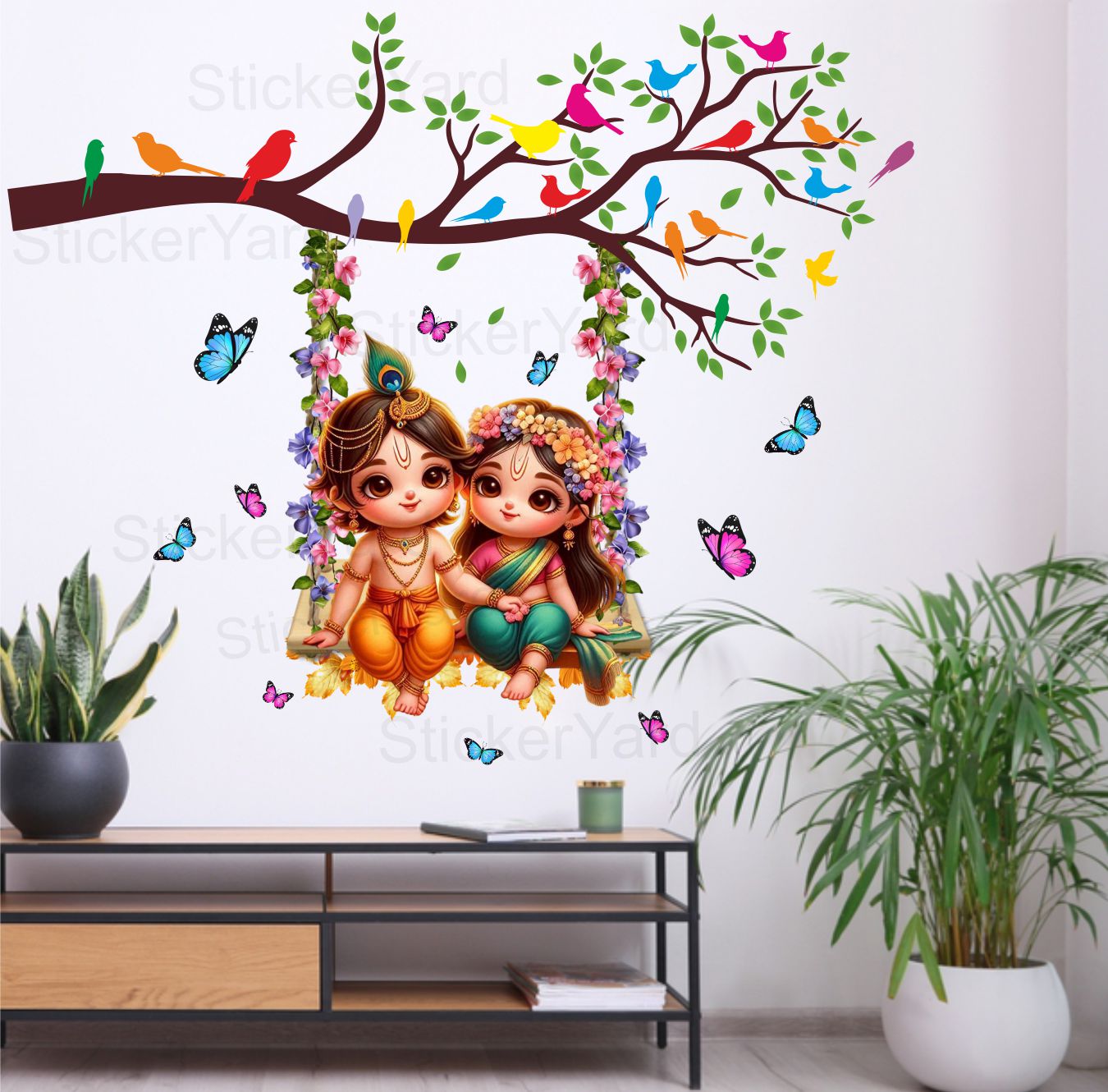 FramingoKart  Pvc Vinyl Bal Radha Krishna On Branch Self-Adhesive Wall Sticker for Home Decor/Decoration - Living Room, Bedroom, Kids Room (Multicolor,Size 76X60CM)