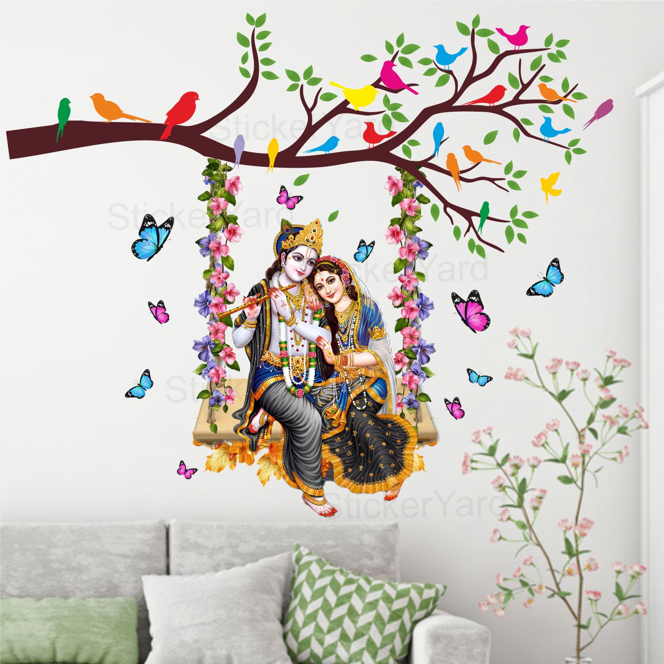 FramingoKart Pvc Vinyl Radha Krishna On Branch Self-Adhesive Wall Sticker for Home Decor/Decoration - Living Room, Bedroom, Kids Room (Multicolor,Size 76X63CM)