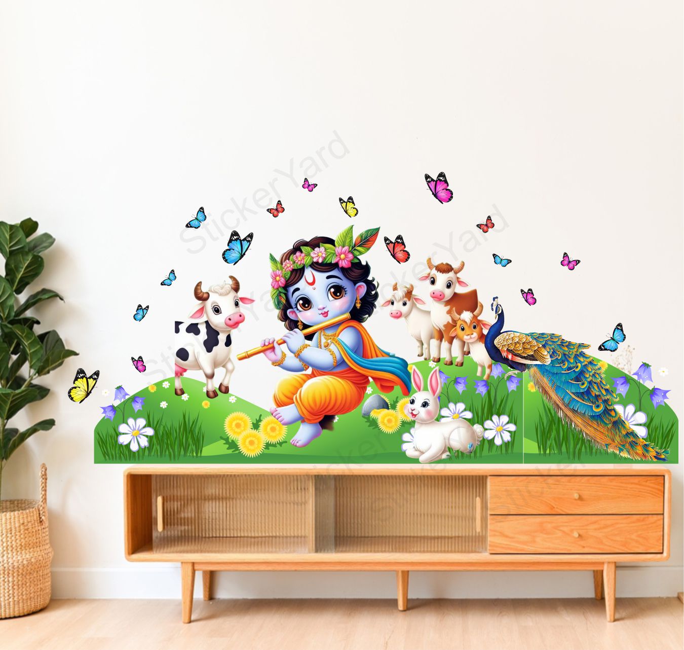 FramingoKart Pvc Vinyl Bal Krishna Grass Animals Art Self-Adhesive Wall Sticker for Home Decor/Decoration - Living Room, Bedroom, Kids Room (Multicolor,Size 86X40CM)