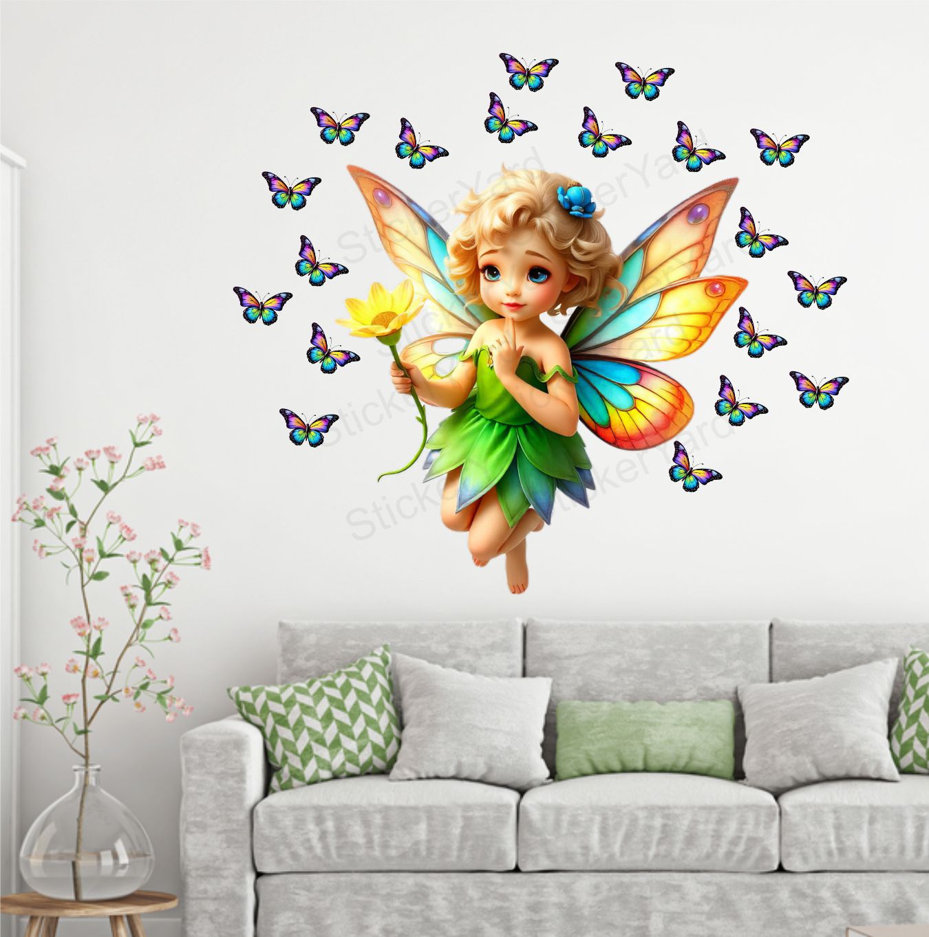 FramingoKart PVC Vinyl Green Fairy Butterflies Self-Adhesive Wall Sticker for Home Decor/Decoration - Living Room, Bedroom, Kids Room (Multicolor, Size:60X53CM)