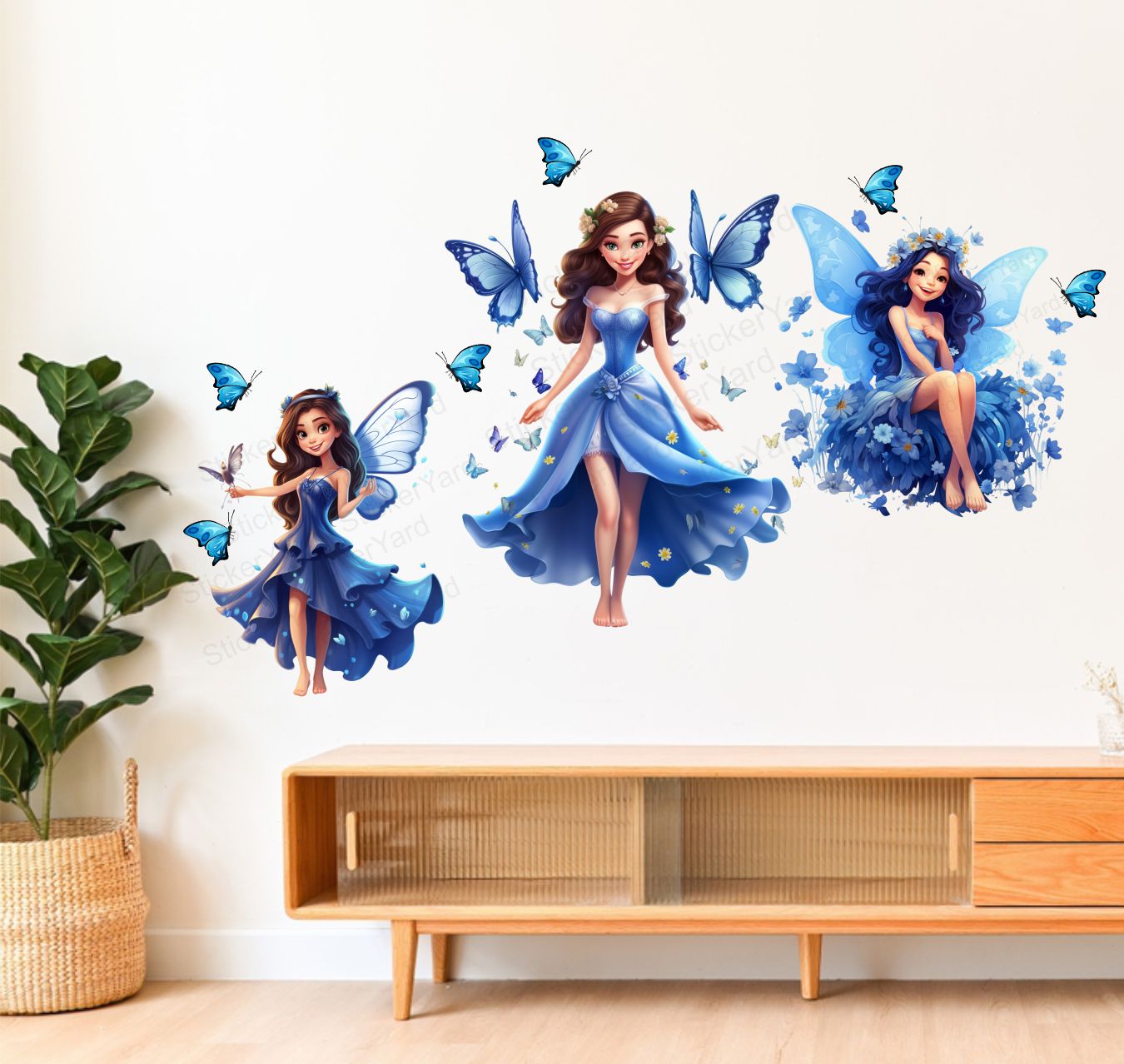 FramingoKart PVC Vinyl Blue Fairy's Butterflies Self-Adhesive Wall Sticker for Home Decor/Decoration - Living Room, Bedroom, Kids Room (Multicolor, Size:81X50CM)