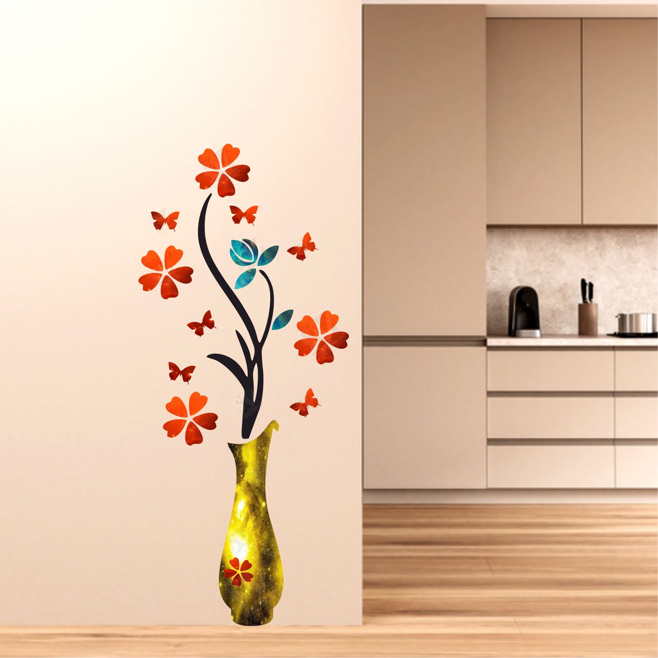 FramingoKart PVC Vinyl Red FlowerPot Self-Adhesive Wall Sticker for Home Decor/Decoration - Living Room, Bedroom, Kids Room (Multicolor, Size:30X76CM)
