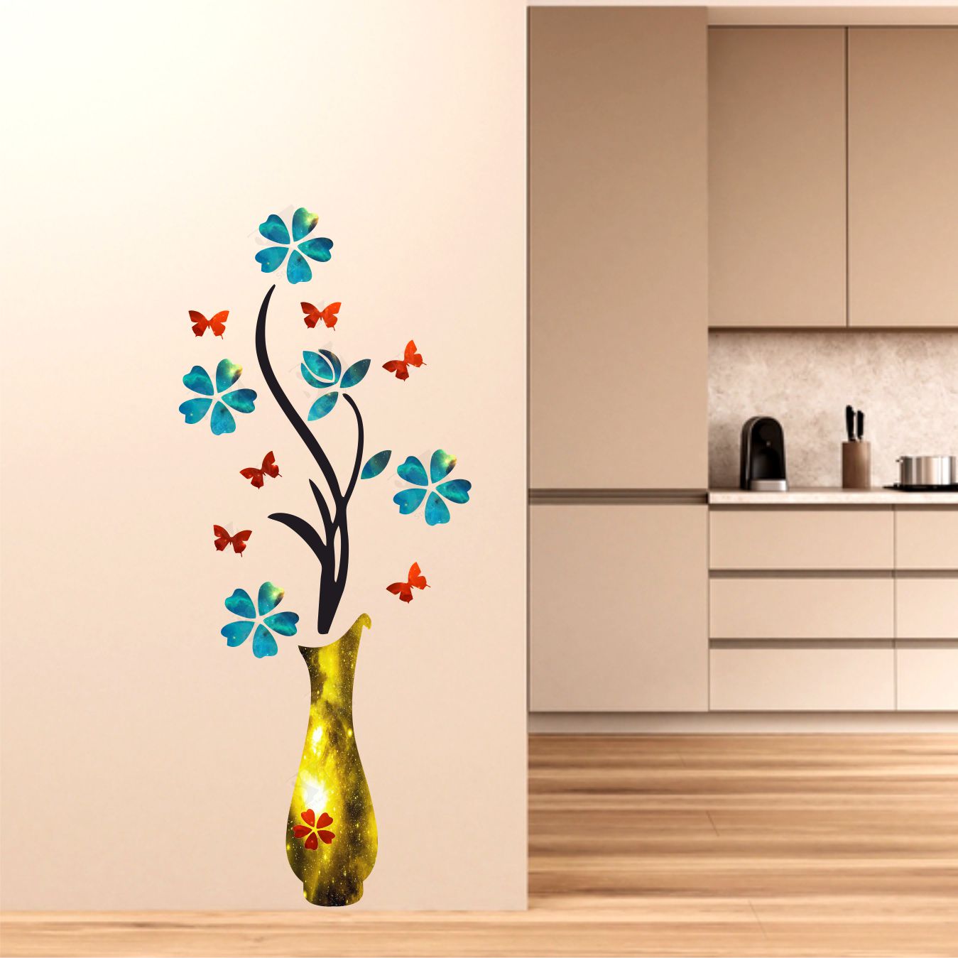 FramingoKart PVC Vinyl Blue FlowerPot Self-Adhesive Wall Sticker for Home Decor/Decoration - Living Room, Bedroom, Kids Room (Multicolor, Size:30X76CM)