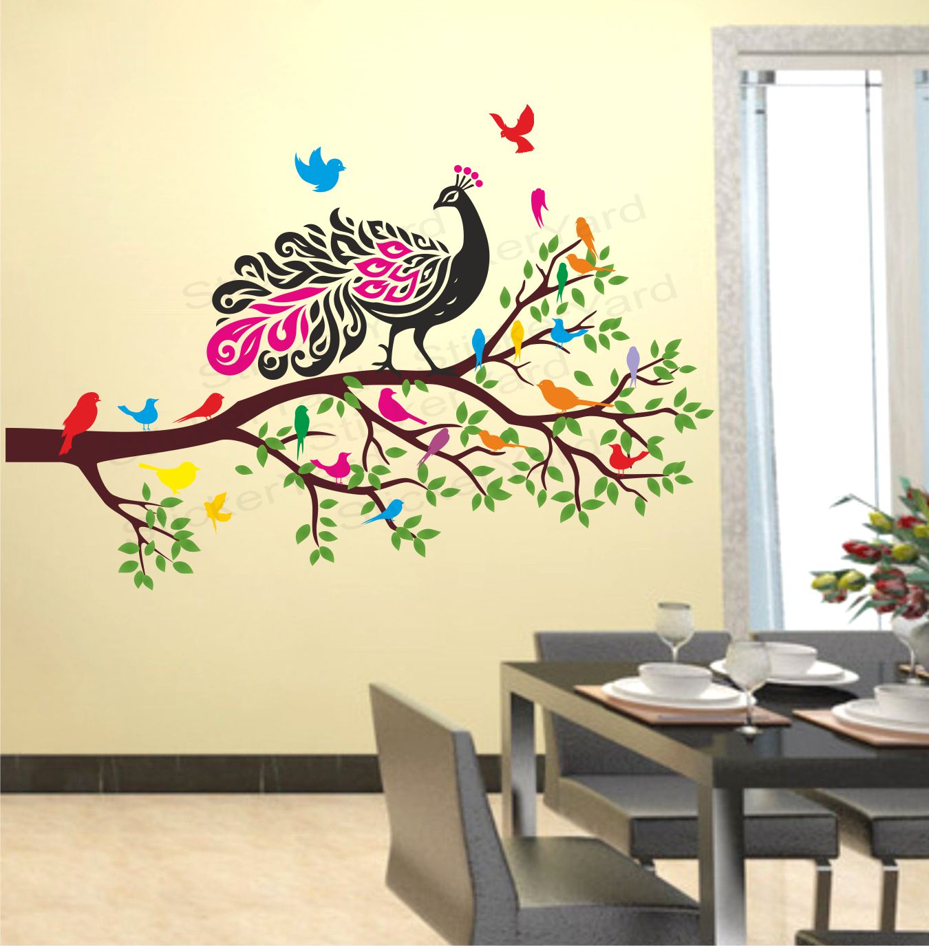 FramingoKart PVC Vinyl Peacock On Branch Colorful Self-Adhesive Wall Sticker for Home Decor/Decoration - Living Room, Bedroom, Kids Room (Multicolor, Size:83X58CM)