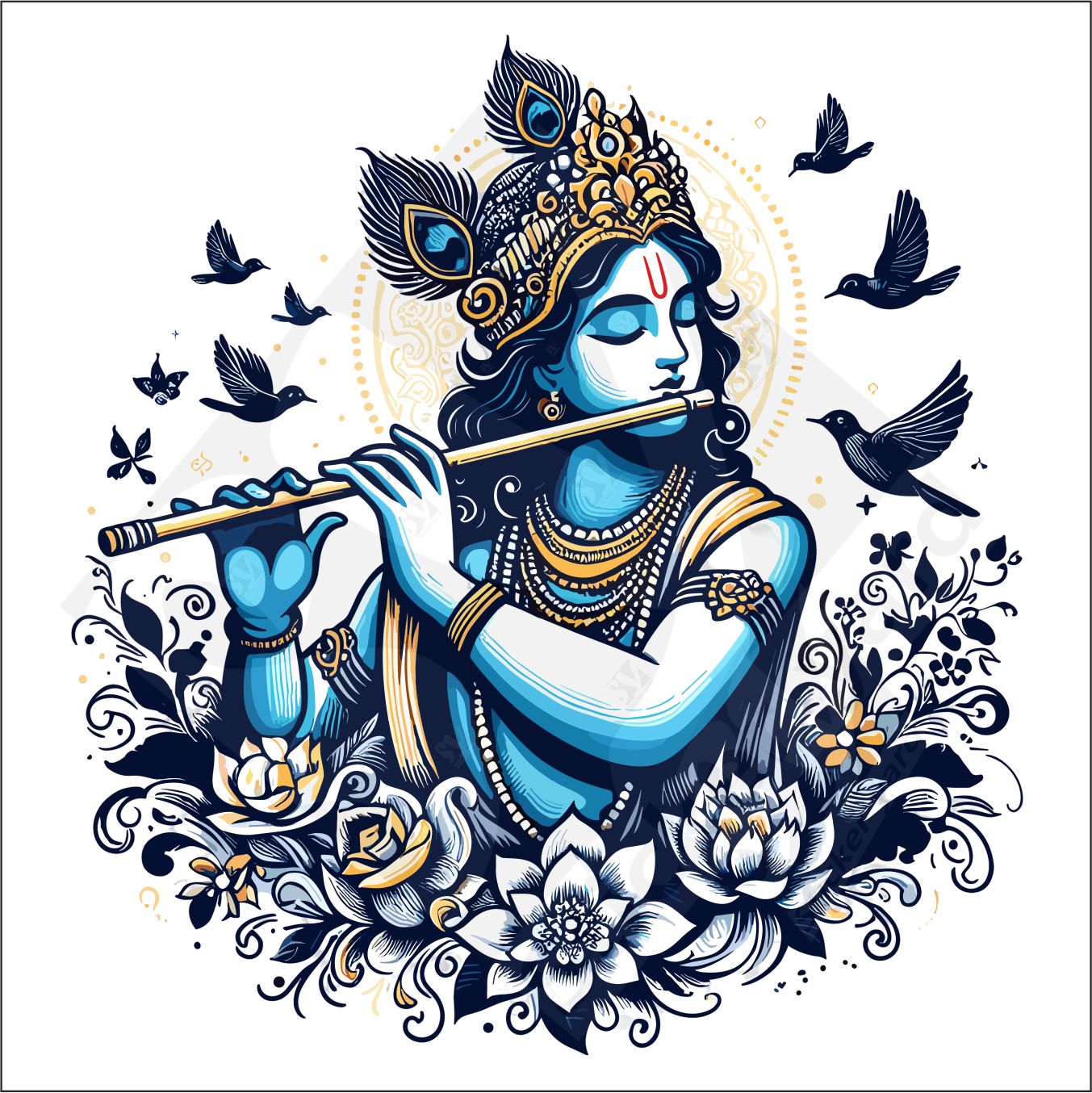 FramingoKart PVC Vinyl Flute Krishna Birds Self-Adhesive Wall Sticker for Home Decor/Decoration - Living Room, Bedroom, Kids Room (Multicolor, Size:58X60CM)
