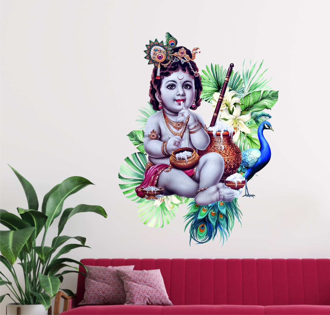 FramingoKart  PVC Vinyl Bal Krishna Peacock Self-Adhesive Wall Sticker for Home Decor/Decoration - Living Room, Bedroom, Kids Room (Multicolor, Size:40X50CM)
