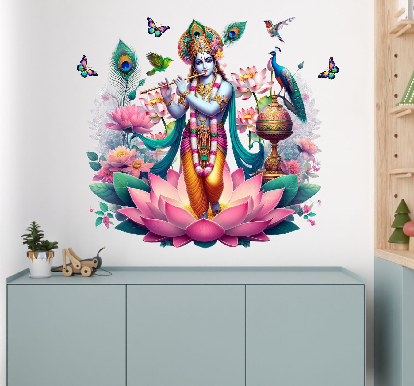 FramingoKart  PVC Vinyl Krishna Ji Artistic Self-Adhesive Wall Sticker for Home Decor/Decoration - Living Room, Bedroom, Kids Room (Multicolor, Size:63X58CM)