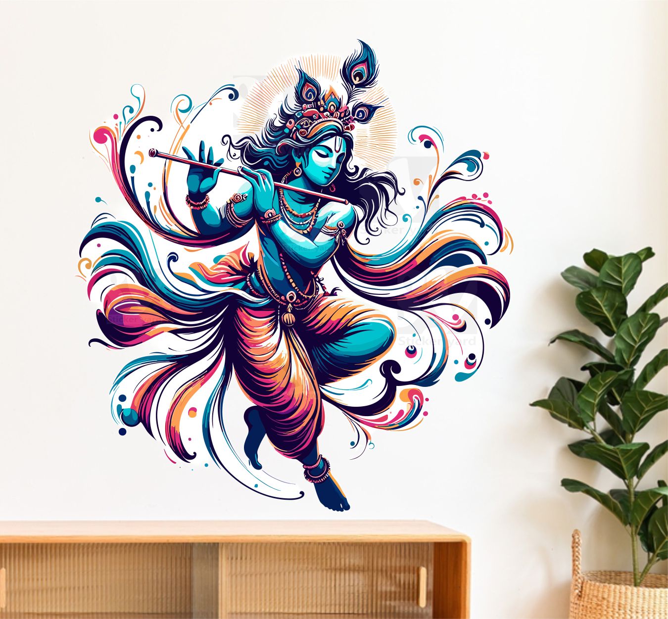FramingoKart  PVC Vinyl Krishna Ji Playing With Flute Self-Adhesive Wall Sticker for Home Decor/Decoration - Living Room, Bedroom, Kids Room (Multicolor, Size:40X63CM)