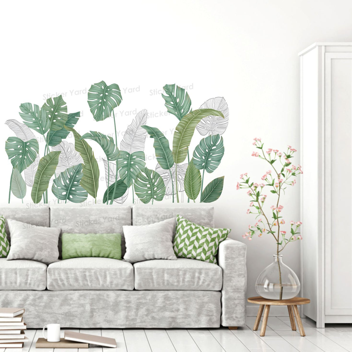 FramingoKart  Pvc Vinyl Green Tropical Leaves Self-Adhesive Wall Sticker for Home Decor/Decoration - Living Room, Bedroom, Kids Room (Multicolor,Size 118X67CM)