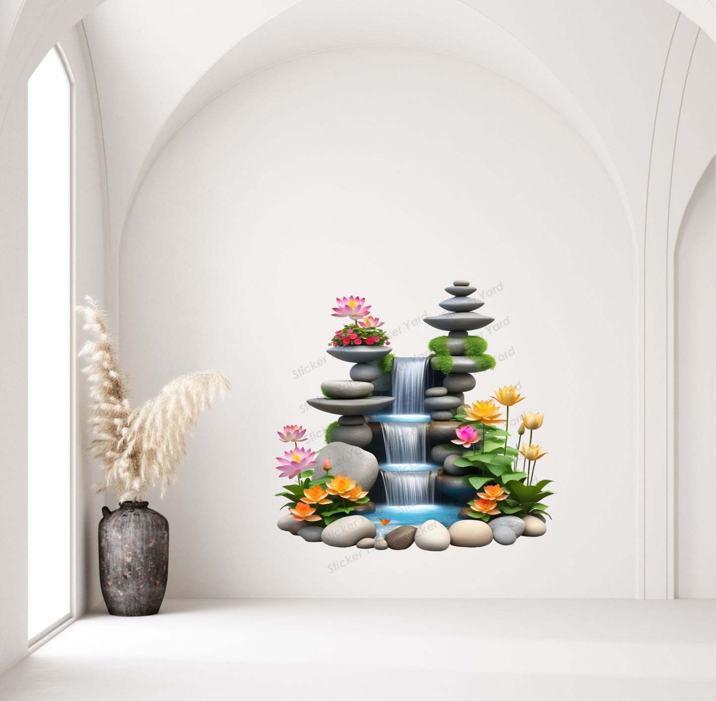 FramingoKart Pvc Vinyl Fountain With Flowers Self-Adhesive Wall Sticker for Home Decor/Decoration - Living Room, Bedroom, Kids Room (Multicolor,Size 83X60CM)