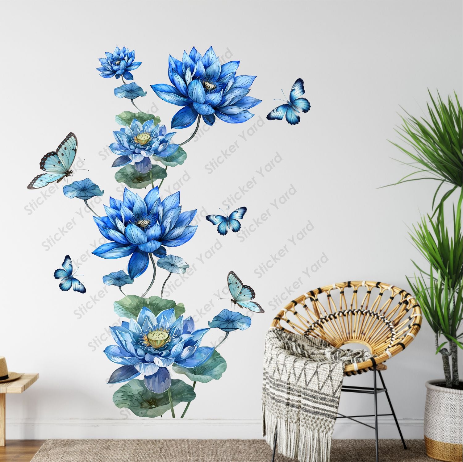 FramingoKart Pvc Vinyl Blue Flower Floral Butterflies Self-Adhesive Wall Sticker for Home Decor/Decoration - Living Room, Bedroom, Kids Room (Multicolor,Size 71X90CM)