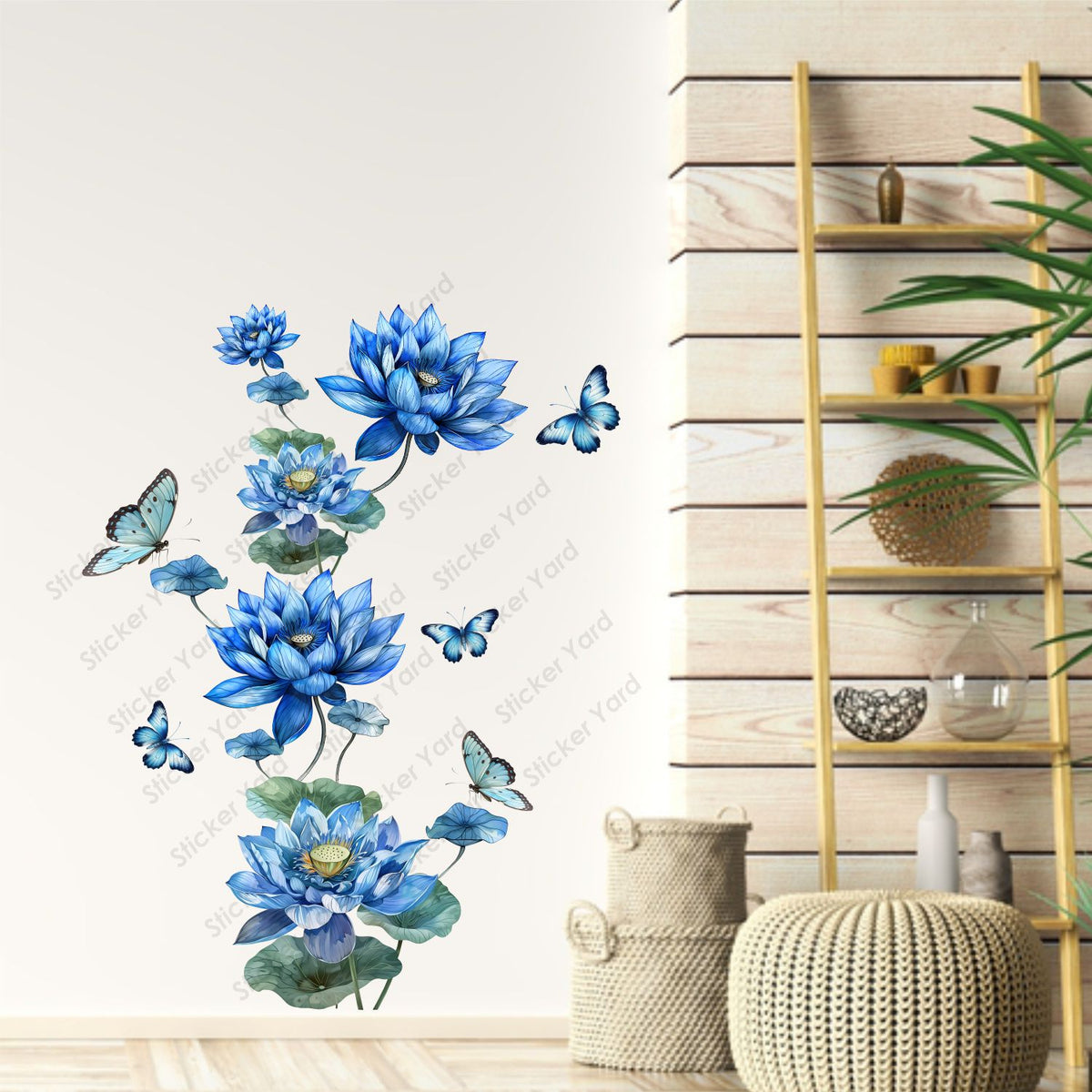 FramingoKart Pvc Vinyl Blue Flower Floral Butterflies Self-Adhesive Wall Sticker for Home Decor/Decoration - Living Room, Bedroom, Kids Room (Multicolor,Size 71X90CM)