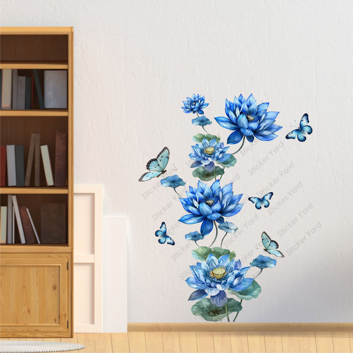 FramingoKart Pvc Vinyl Blue Flower Floral Butterflies Self-Adhesive Wall Sticker for Home Decor/Decoration - Living Room, Bedroom, Kids Room (Multicolor,Size 71X90CM)