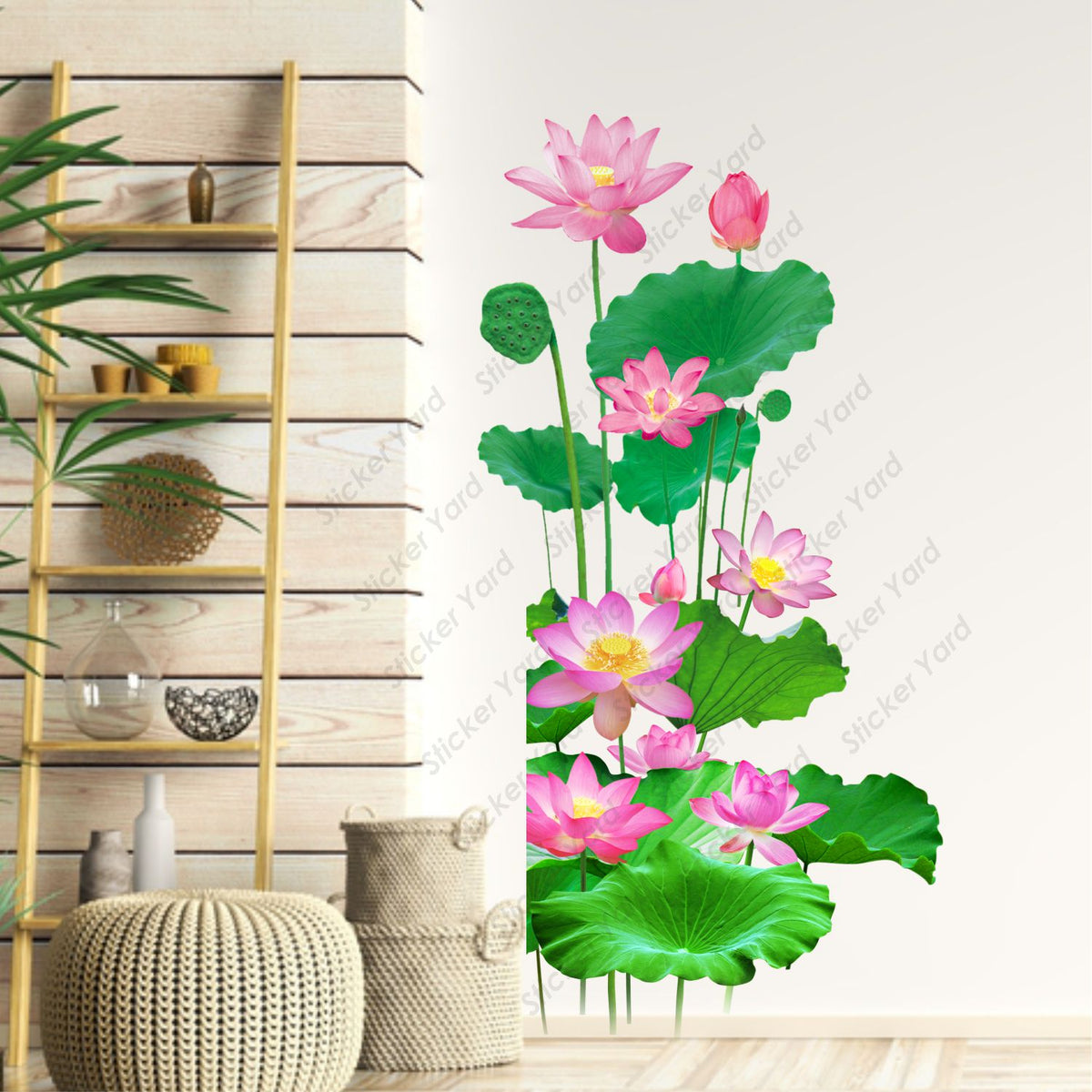 FramingoKart Pvc Vinyl Leaves & Lotus Floral Self-Adhesive Wall Sticker for Home Decor/Decoration - Living Room, Bedroom, Kids Room (Multicolor,Size 44X83CM)