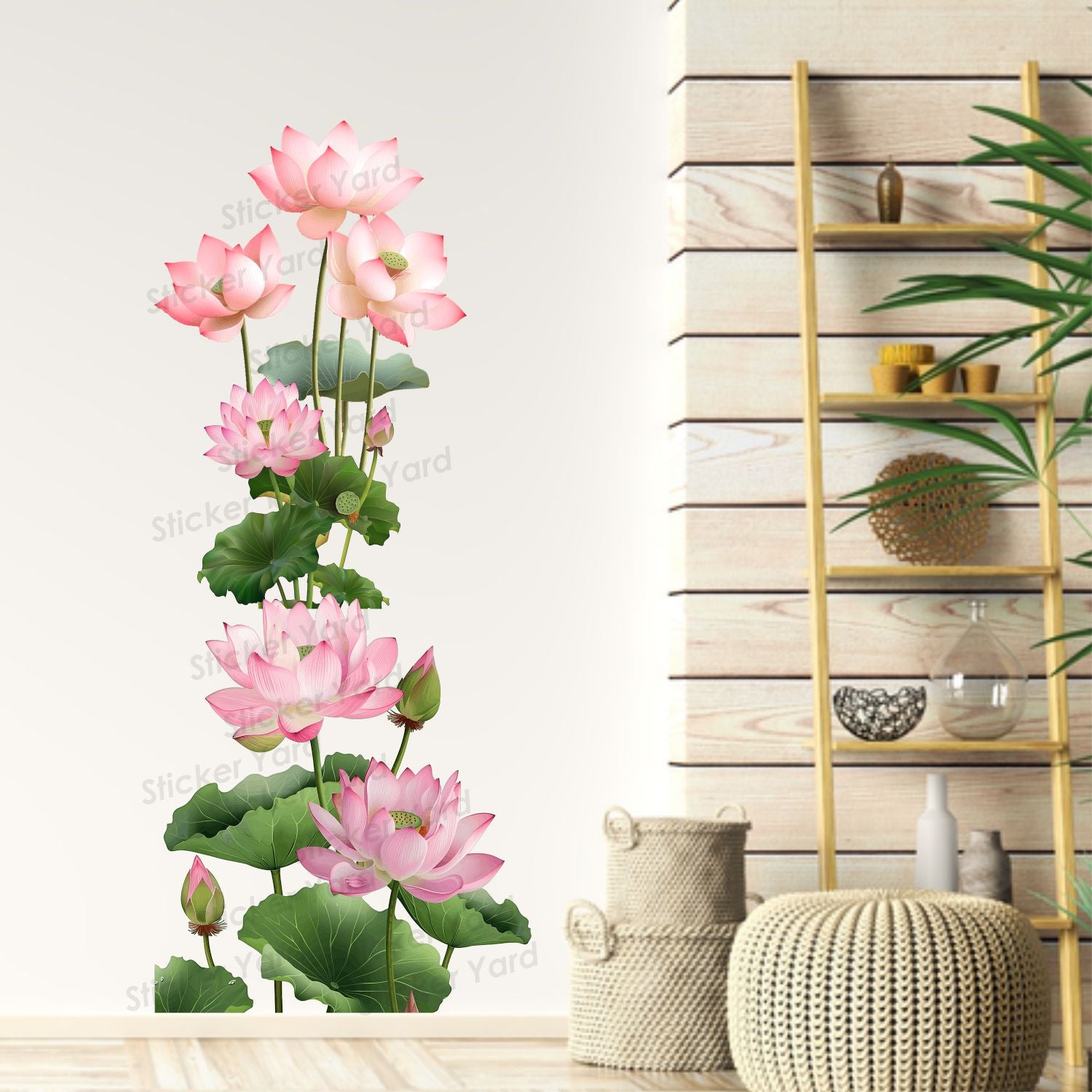 FramingoKart Pvc Vinyl Green Lotus Flower Floral Self-Adhesive Wall Sticker for Home Decor/Decoration - Living Room, Bedroom, Kids Room (Multicolor,Size 41X95CM)