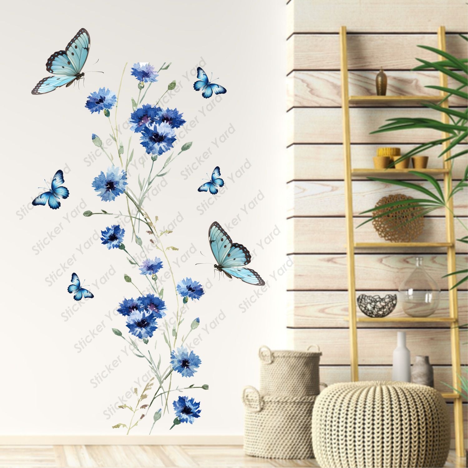 FramingoKart Pvc Vinyl Blue Floral Butterflies Self-Adhesive Wall Sticker for Home Decor/Decoration - Living Room, Bedroom, Kids Room (Multicolor,Size 61X101CM)