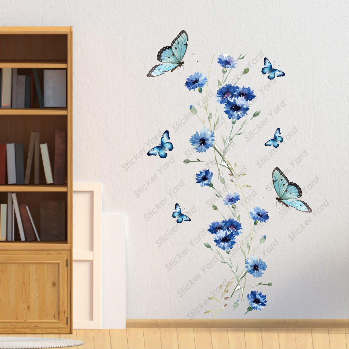 FramingoKart Pvc Vinyl Blue Floral Butterflies Self-Adhesive Wall Sticker for Home Decor/Decoration - Living Room, Bedroom, Kids Room (Multicolor,Size 61X101CM)