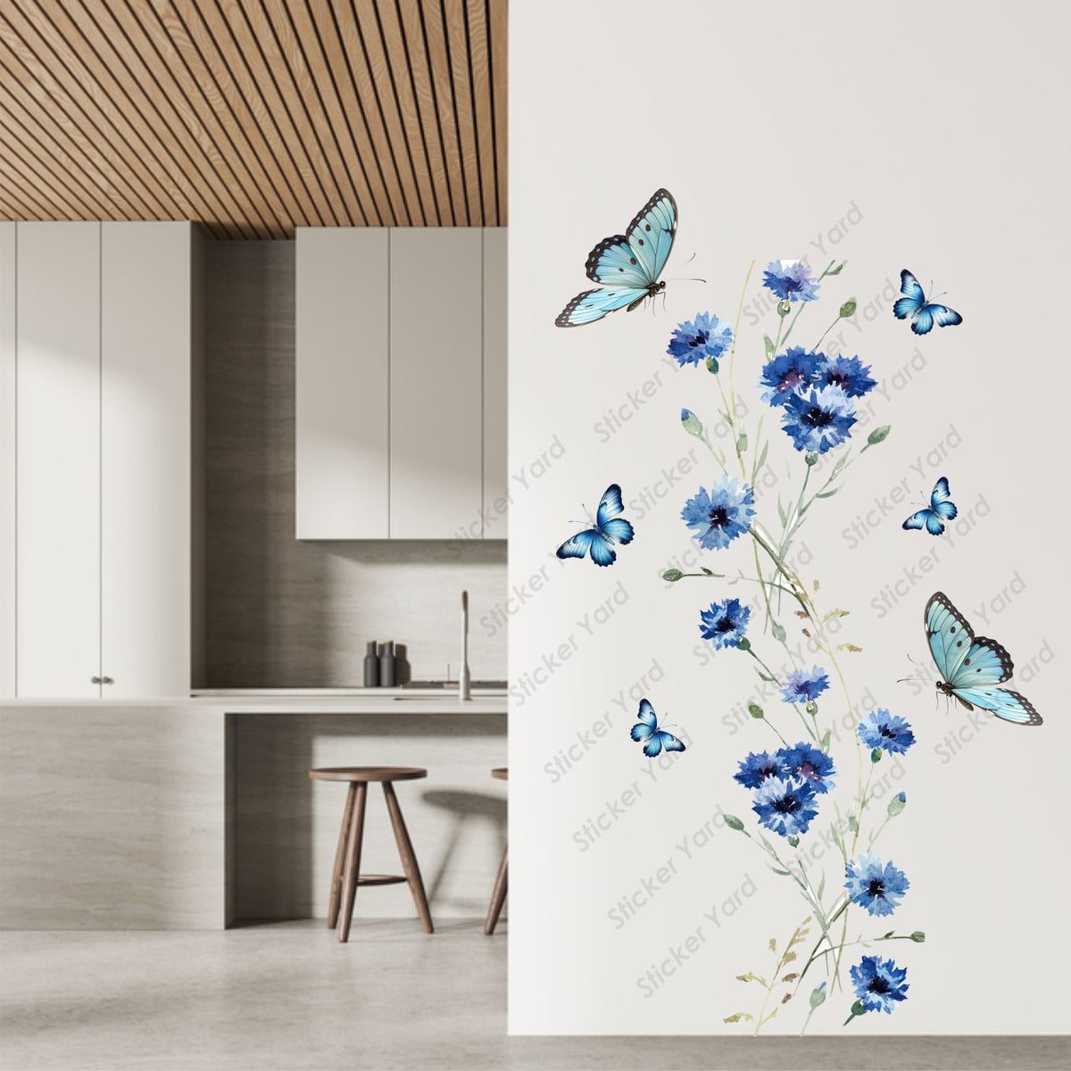 FramingoKart Pvc Vinyl Blue Floral Butterflies Self-Adhesive Wall Sticker for Home Decor/Decoration - Living Room, Bedroom, Kids Room (Multicolor,Size 61X101CM)