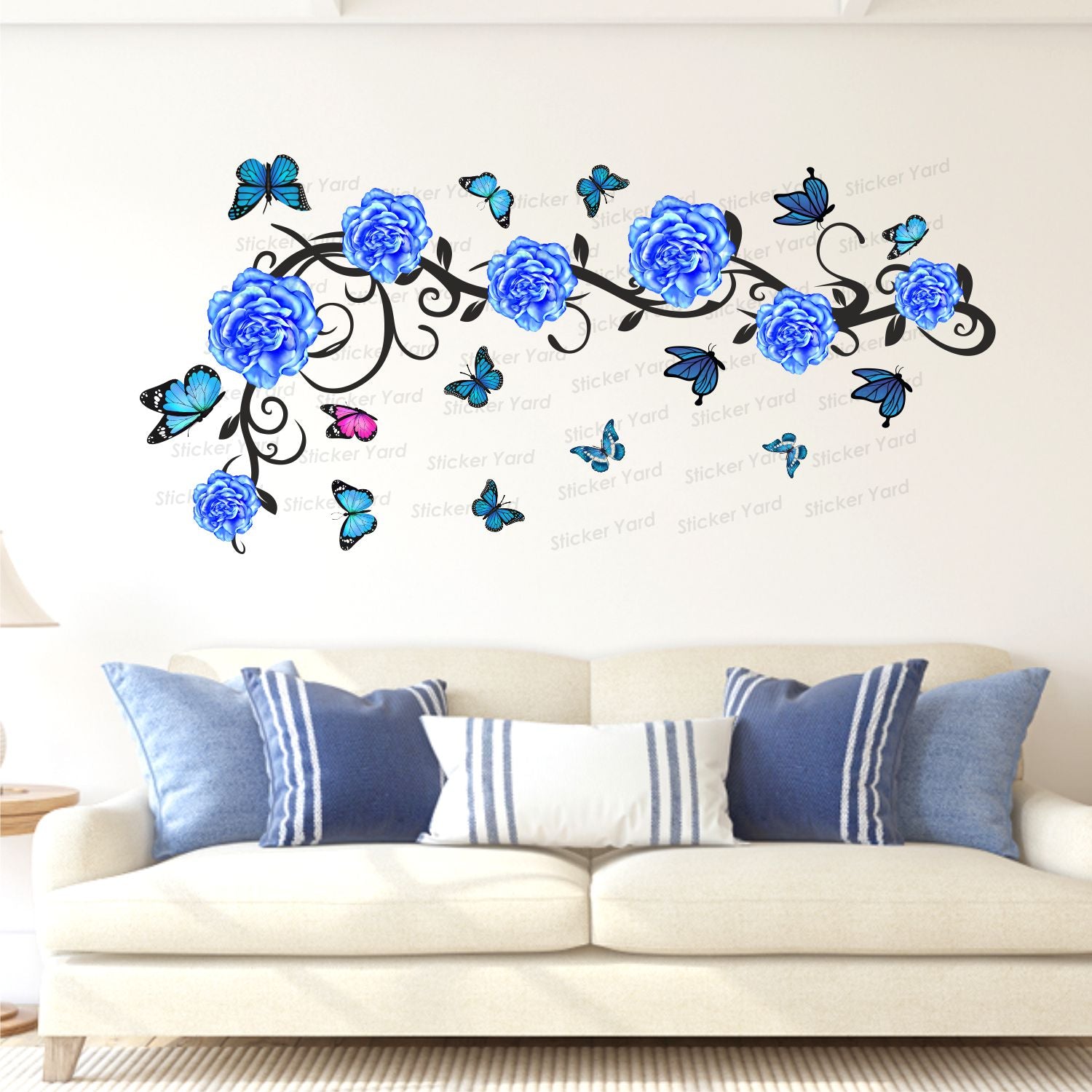 FramingoKart Pvc Vinyl Blue Floral Flowers  Self-Adhesive Wall Sticker for Home Decor/Decoration - Living Room, Bedroom, Kids Room (Multicolor,Size 91X43CM)