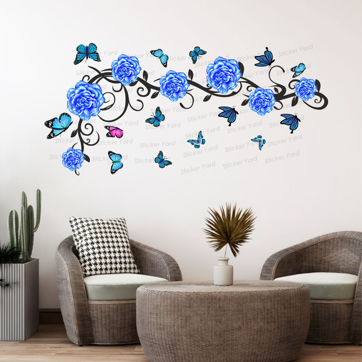 FramingoKart Pvc Vinyl Blue Floral Flowers  Self-Adhesive Wall Sticker for Home Decor/Decoration - Living Room, Bedroom, Kids Room (Multicolor,Size 91X43CM)