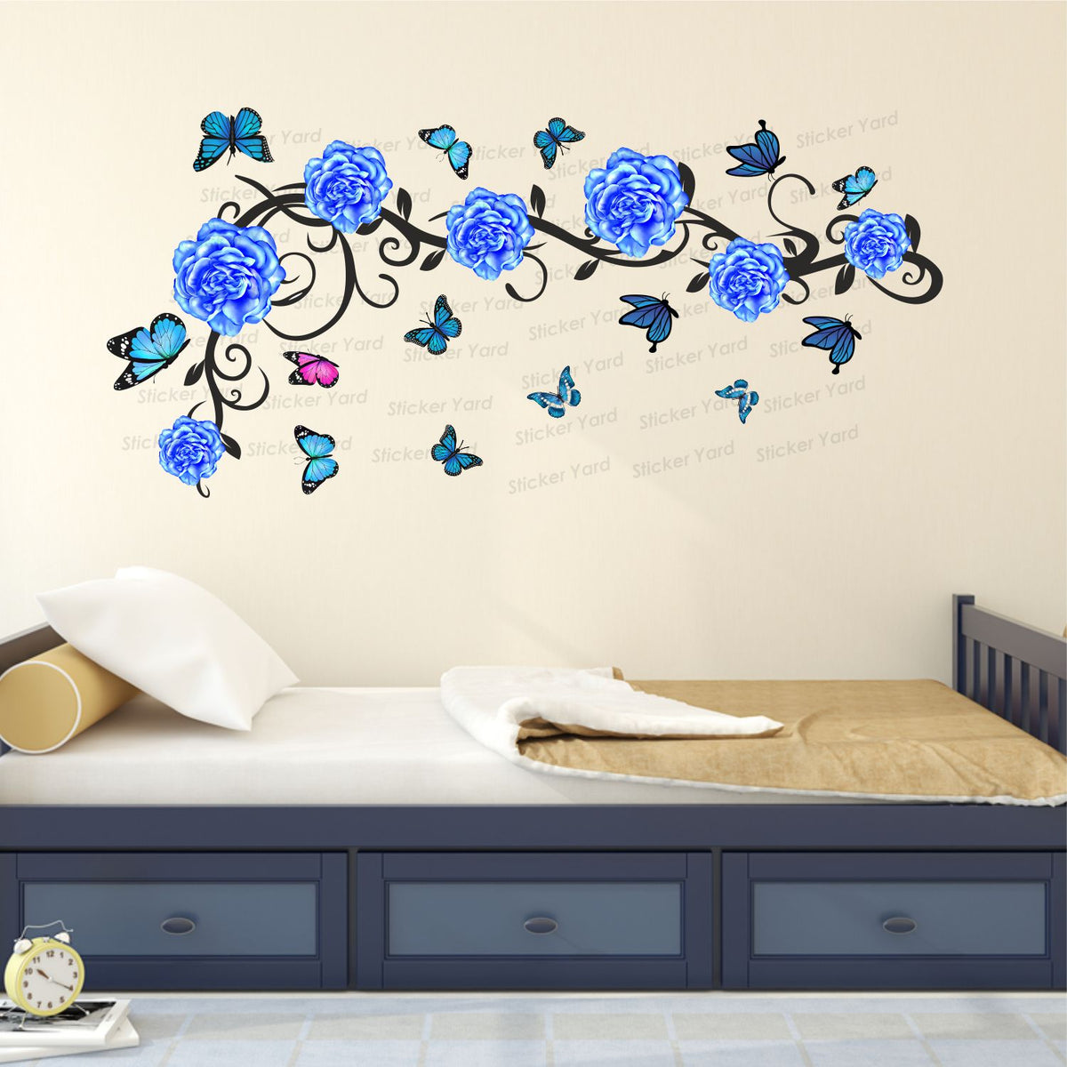 FramingoKart Pvc Vinyl Blue Floral Flowers  Self-Adhesive Wall Sticker for Home Decor/Decoration - Living Room, Bedroom, Kids Room (Multicolor,Size 91X43CM)