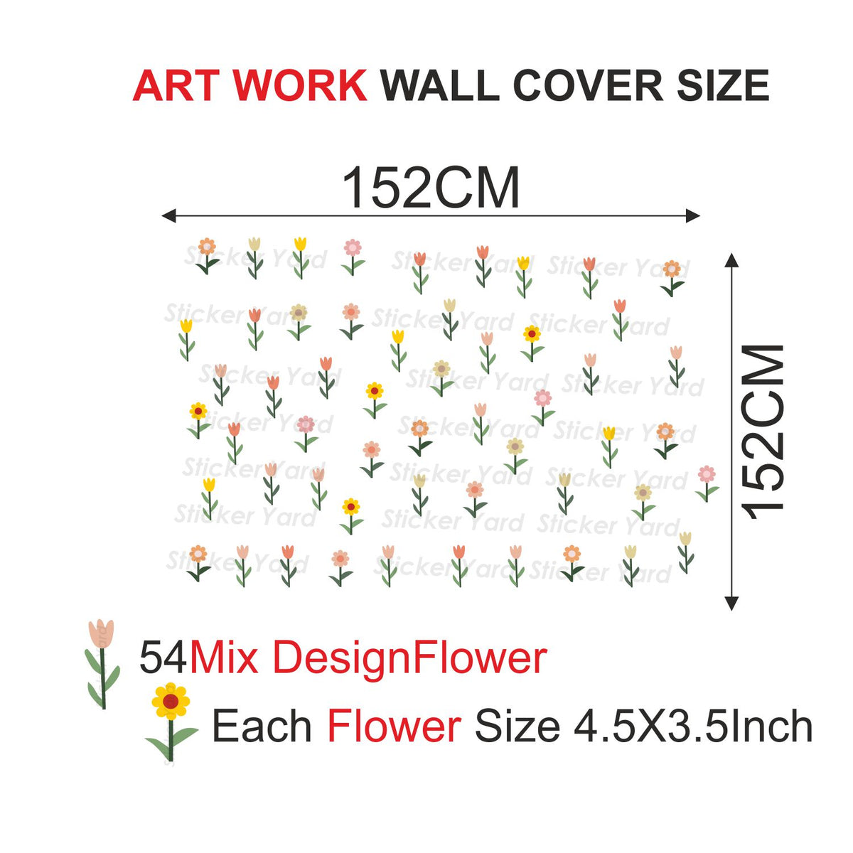 FramingoKart Pvc Vinyl 54 Mix Colorful Flowers Combo Self-Adhesive Wall Sticker for Home Decor/Decoration - Living Room, Bedroom, Kids Room (Multicolor,Size 152X152CM)