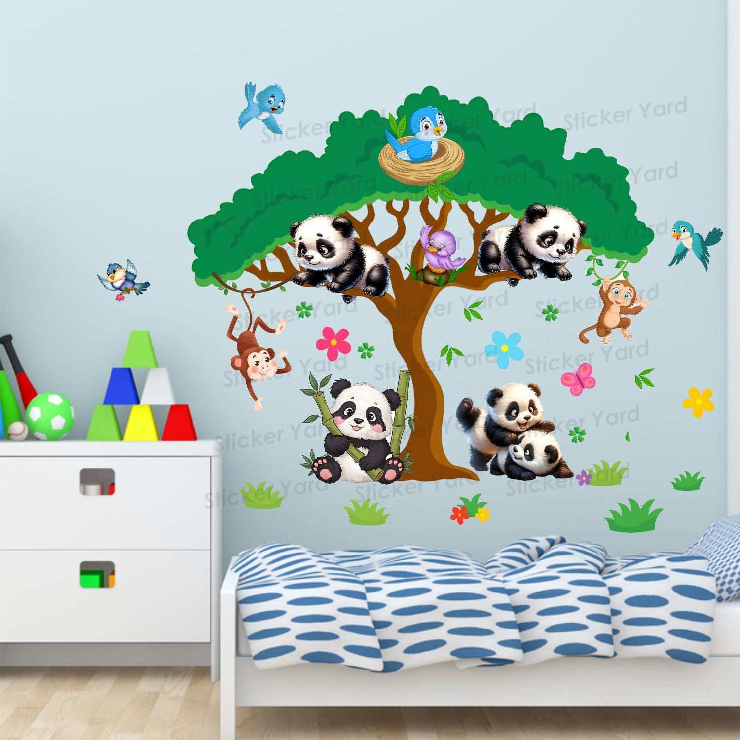 FramingoKart Pvc Vinyl Panda Tree Playing  Self-Adhesive Wall Sticker for Home Decor/Decoration - Living Room, Bedroom, Kids Room (Multicolor,Size 87X61CM)