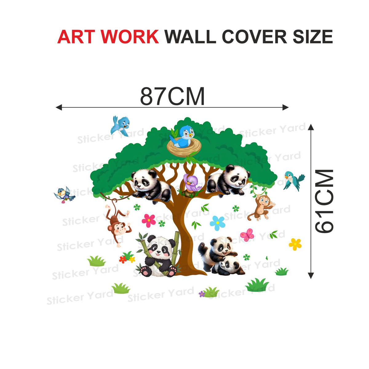 FramingoKart Pvc Vinyl Panda Tree Playing  Self-Adhesive Wall Sticker for Home Decor/Decoration - Living Room, Bedroom, Kids Room (Multicolor,Size 87X61CM)
