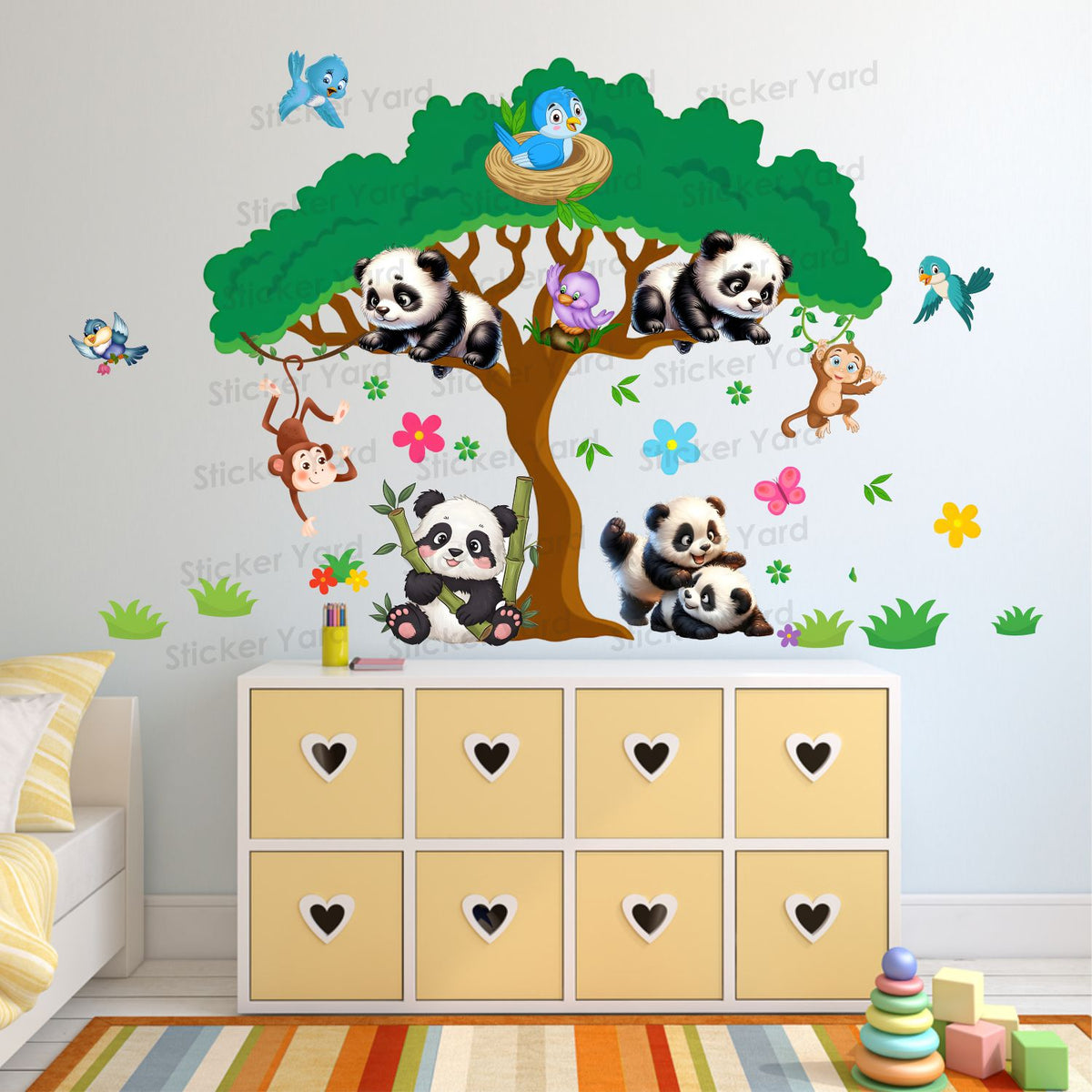 FramingoKart Pvc Vinyl Panda Tree Playing  Self-Adhesive Wall Sticker for Home Decor/Decoration - Living Room, Bedroom, Kids Room (Multicolor,Size 87X61CM)