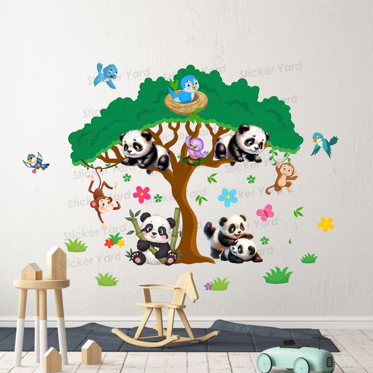FramingoKart Pvc Vinyl Panda Tree Playing  Self-Adhesive Wall Sticker for Home Decor/Decoration - Living Room, Bedroom, Kids Room (Multicolor,Size 87X61CM)