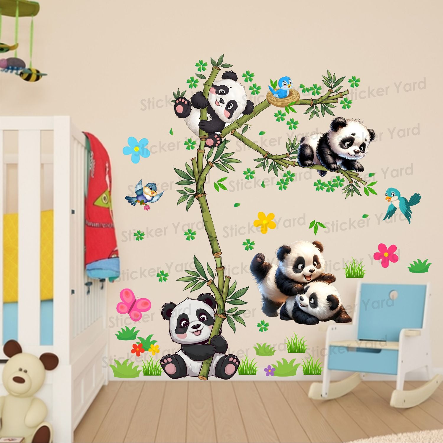 FramingoKart Pvc Vinyl Bamboo Tree Panda Design Self-Adhesive Wall Sticker for Home Decor/Decoration - Living Room, Bedroom, Kids Room (Multicolor,Size 76X76CM)