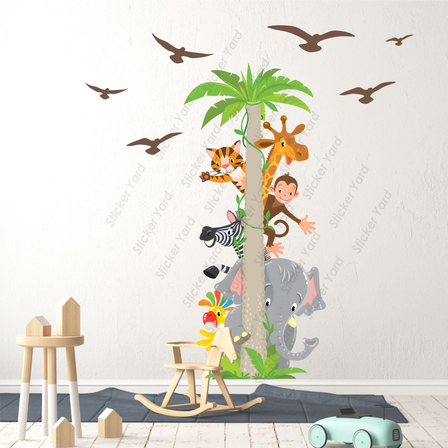 FramingoKart Pvc Vinyl Jungle Animals Tree Self-Adhesive Wall Sticker for Home Decor/Decoration - Living Room, Bedroom, Kids Room (Multicolor,Size 88X96CM)