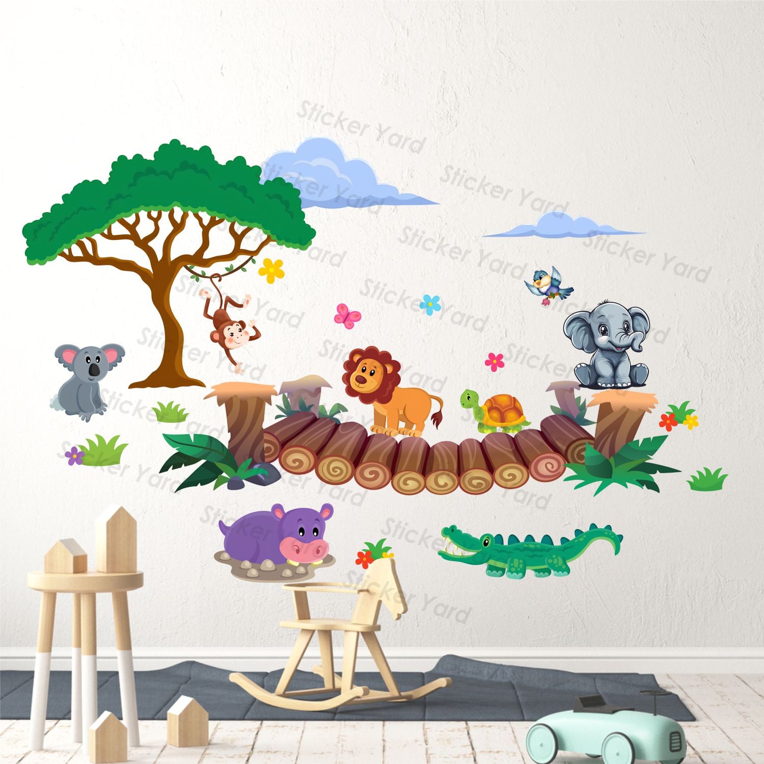 FramingoKart Pvc Vinyl Animals Bridge  Self-Adhesive Wall Sticker for Home Decor/Decoration - Living Room, Bedroom, Kids Room (Multicolor,Size 98X63CM)