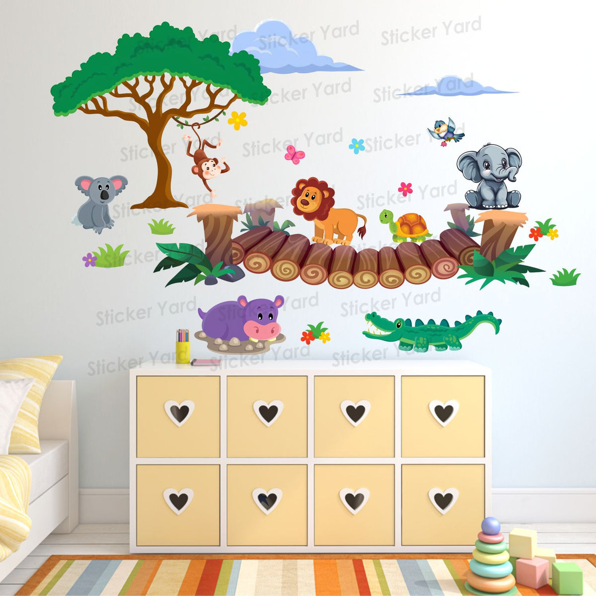 FramingoKart Pvc Vinyl Animals Bridge  Self-Adhesive Wall Sticker for Home Decor/Decoration - Living Room, Bedroom, Kids Room (Multicolor,Size 98X63CM)