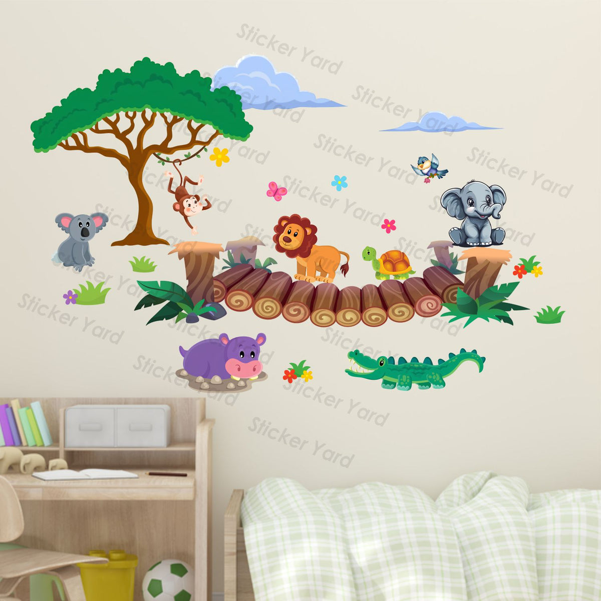 FramingoKart Pvc Vinyl Animals Bridge  Self-Adhesive Wall Sticker for Home Decor/Decoration - Living Room, Bedroom, Kids Room (Multicolor,Size 98X63CM)