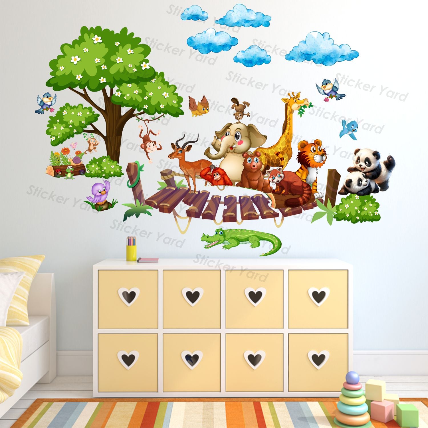 FramingoKart Pvc Vinyl Cute Animals On Bridge Self-Adhesive Wall Sticker for Home Decor/Decoration - Living Room, Bedroom, Kids Room (Multicolor,Size 95X67CM)