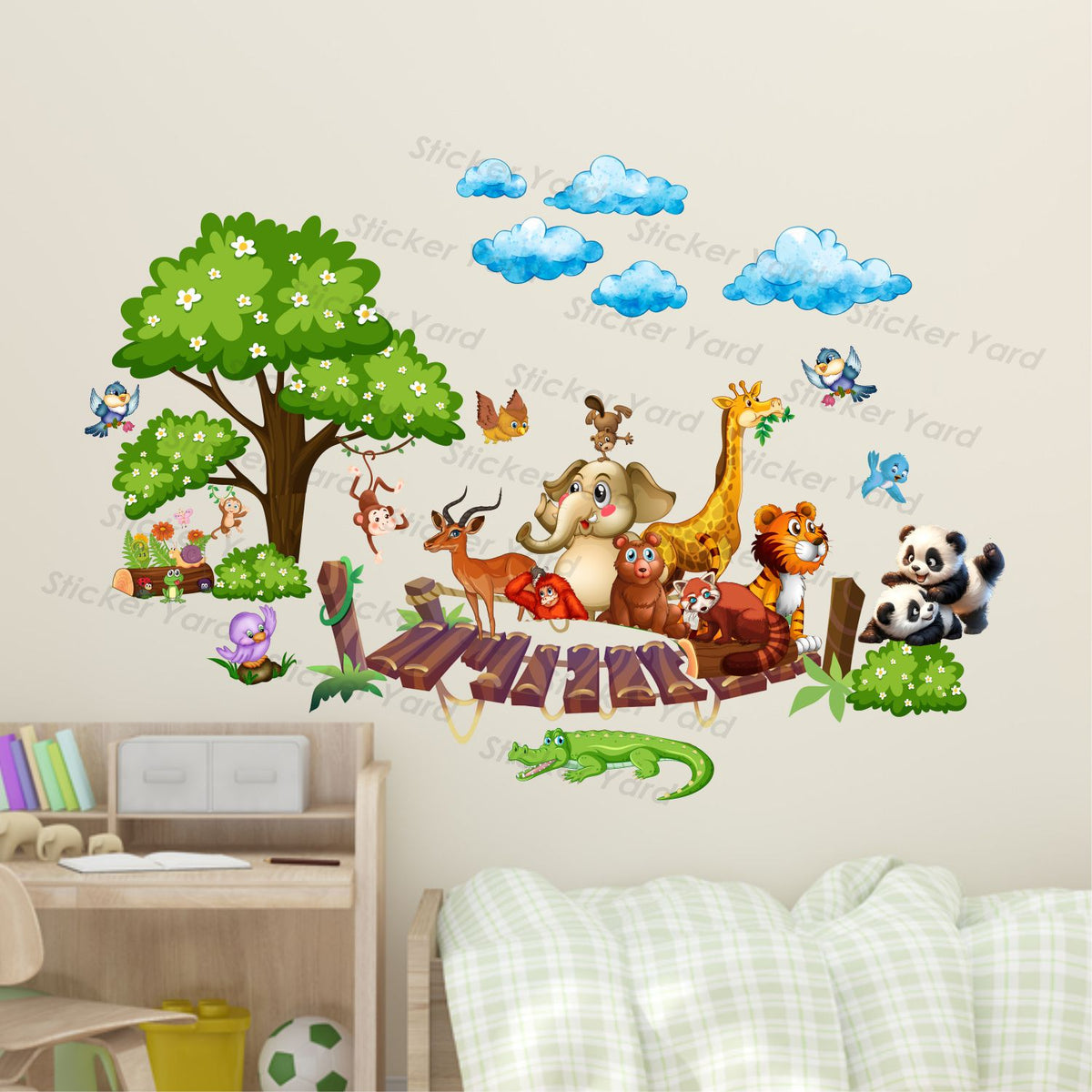 FramingoKart Pvc Vinyl Cute Animals On Bridge Self-Adhesive Wall Sticker for Home Decor/Decoration - Living Room, Bedroom, Kids Room (Multicolor,Size 95X67CM)