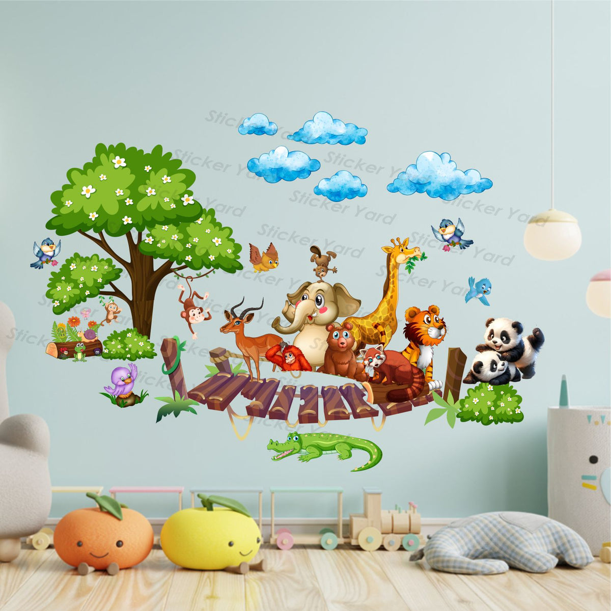 FramingoKart Pvc Vinyl Cute Animals On Bridge Self-Adhesive Wall Sticker for Home Decor/Decoration - Living Room, Bedroom, Kids Room (Multicolor,Size 95X67CM)