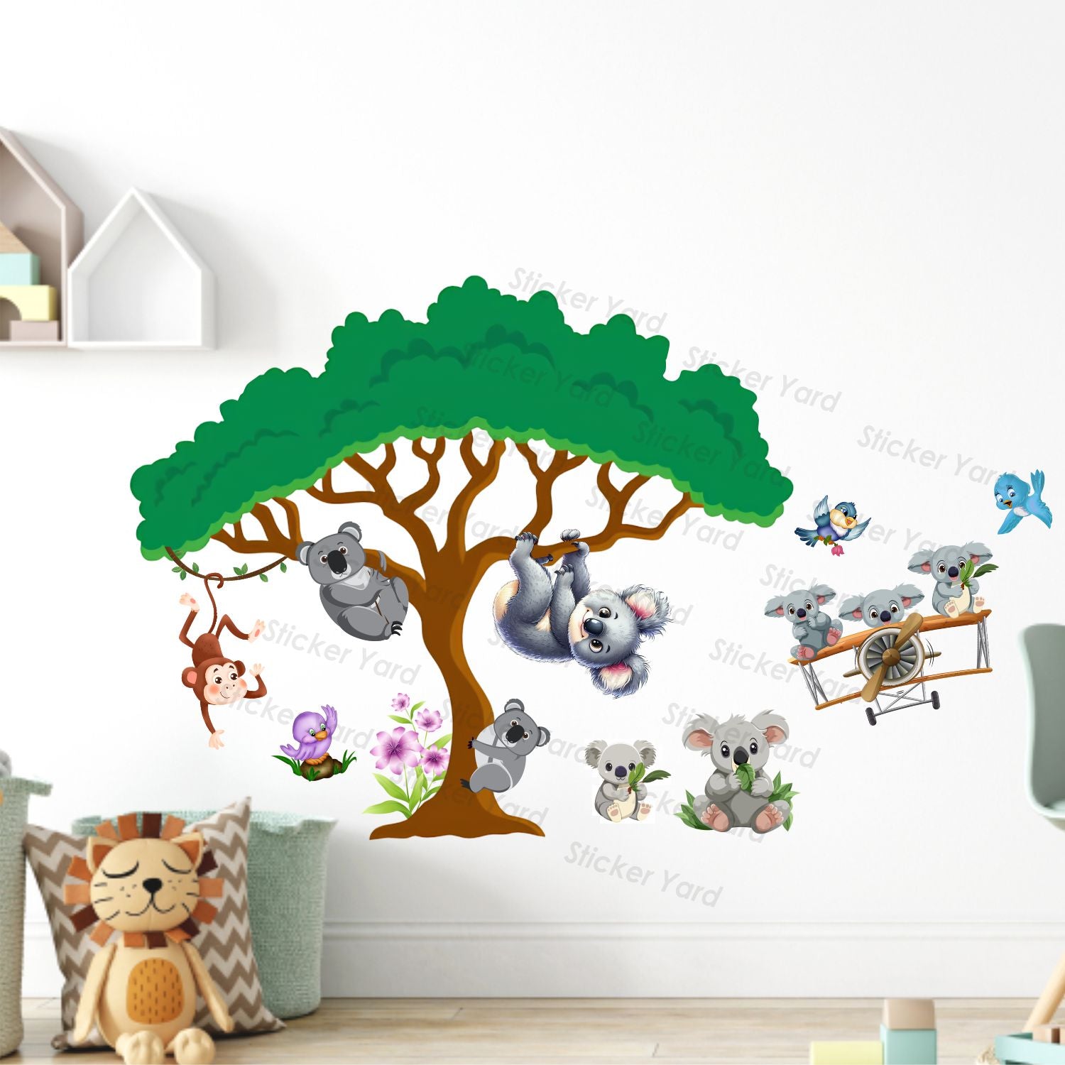 FramingoKart Pvc Vinyl Baby Koala Animals Playing Self-Adhesive Wall Sticker for Home Decor/Decoration - Living Room, Bedroom, Kids Room (Multicolor,Size 85X53CM)