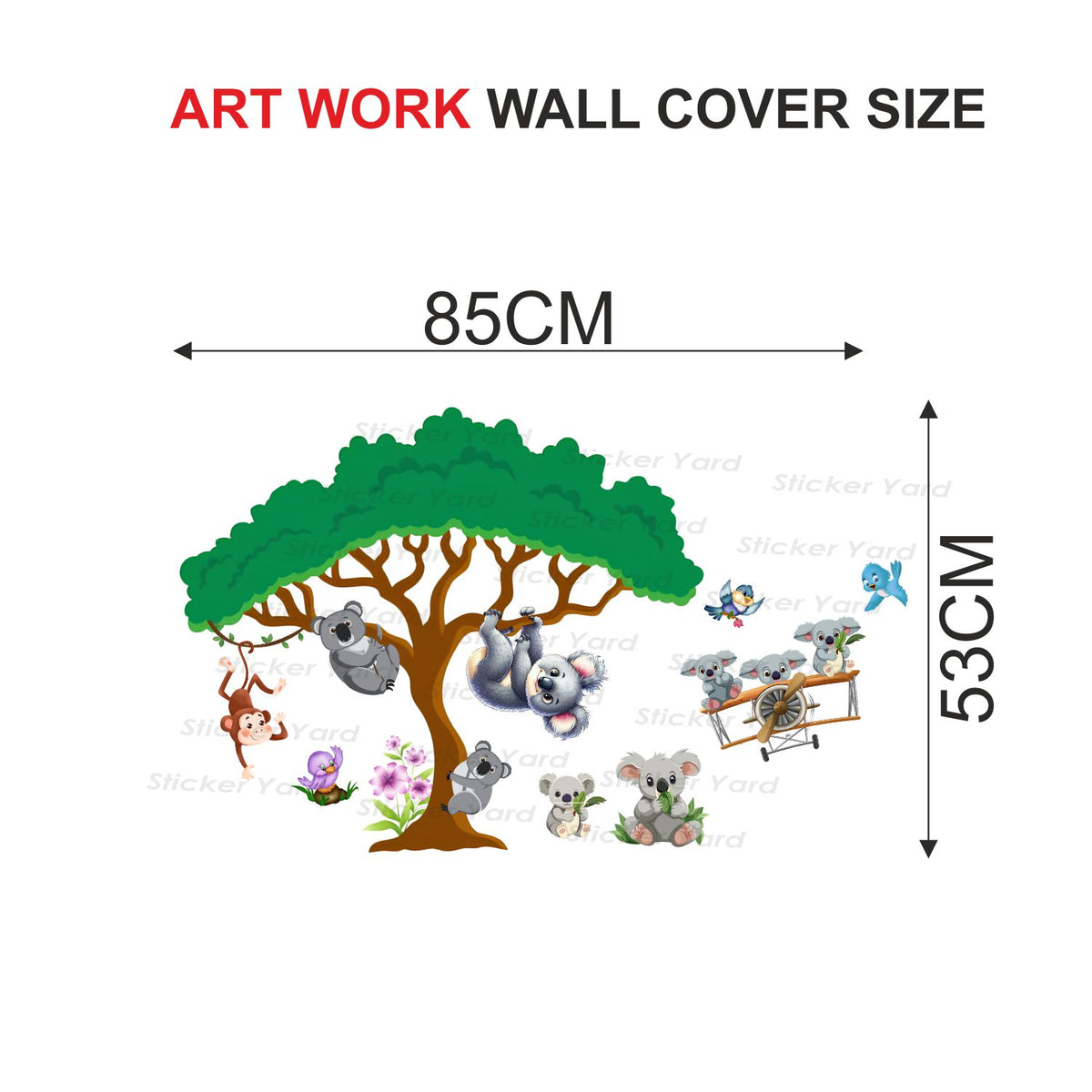 FramingoKart Pvc Vinyl Baby Koala Animals Playing Self-Adhesive Wall Sticker for Home Decor/Decoration - Living Room, Bedroom, Kids Room (Multicolor,Size 85X53CM)