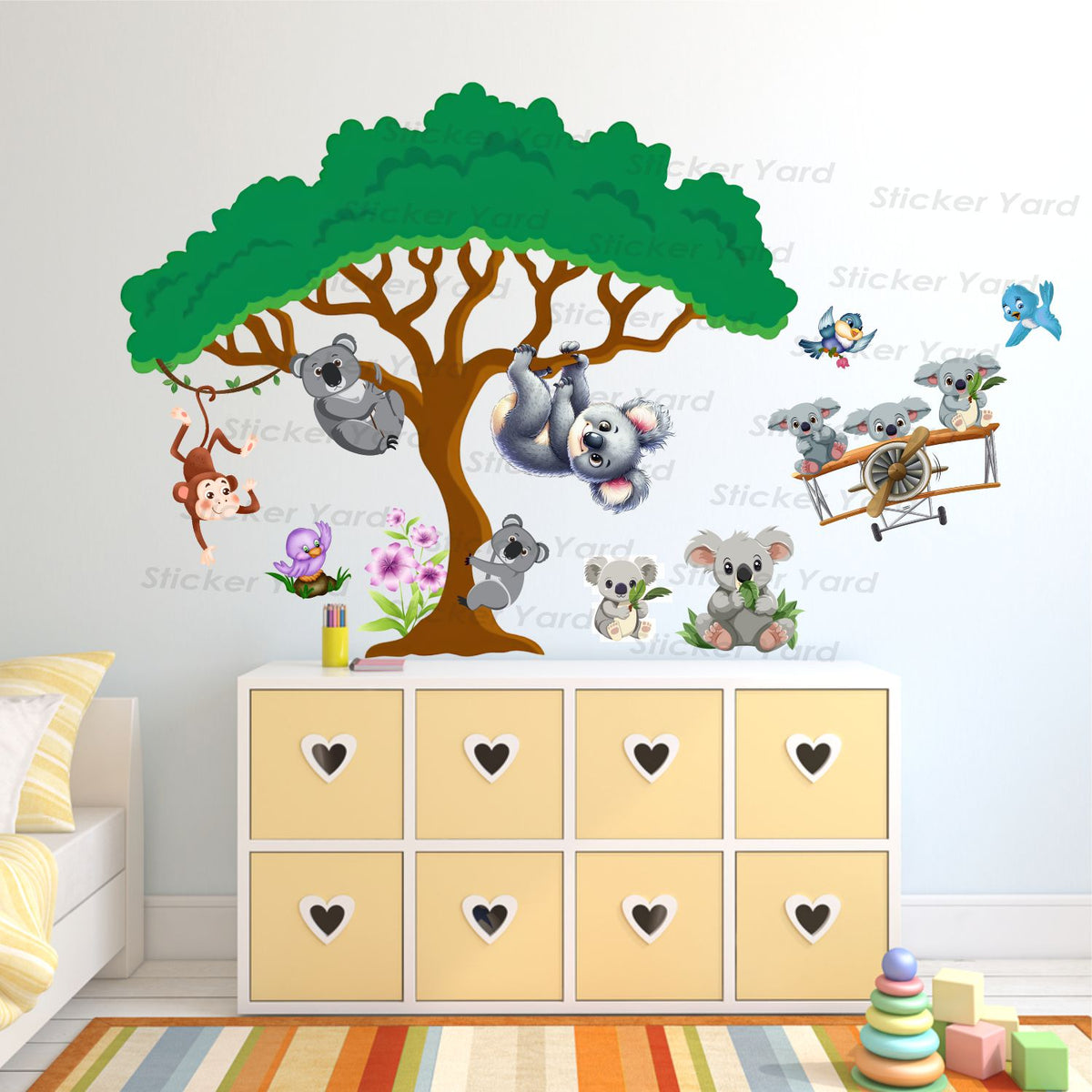 FramingoKart Pvc Vinyl Baby Koala Animals Playing Self-Adhesive Wall Sticker for Home Decor/Decoration - Living Room, Bedroom, Kids Room (Multicolor,Size 85X53CM)