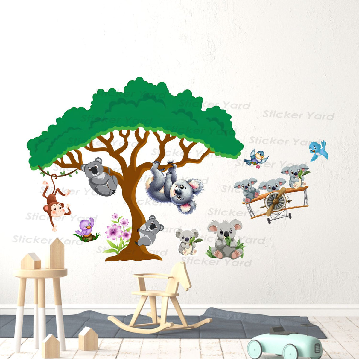 FramingoKart Pvc Vinyl Baby Koala Animals Playing Self-Adhesive Wall Sticker for Home Decor/Decoration - Living Room, Bedroom, Kids Room (Multicolor,Size 85X53CM)