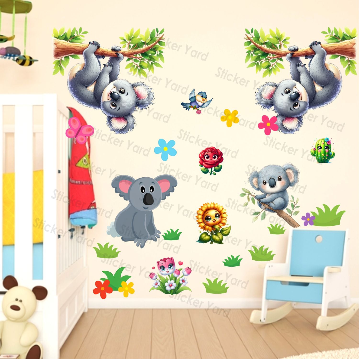 FramingoKart Pvc Vinyl Hanging Cute Koala  Self-Adhesive Wall Sticker for Home Decor/Decoration - Living Room, Bedroom, Kids Room (Multicolor,Size 92X61CM)