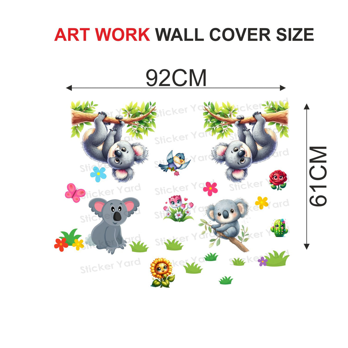 FramingoKart Pvc Vinyl Hanging Cute Koala  Self-Adhesive Wall Sticker for Home Decor/Decoration - Living Room, Bedroom, Kids Room (Multicolor,Size 92X61CM)