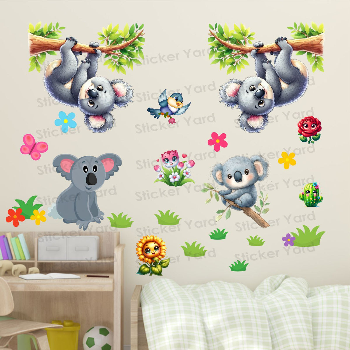 FramingoKart Pvc Vinyl Hanging Cute Koala  Self-Adhesive Wall Sticker for Home Decor/Decoration - Living Room, Bedroom, Kids Room (Multicolor,Size 92X61CM)