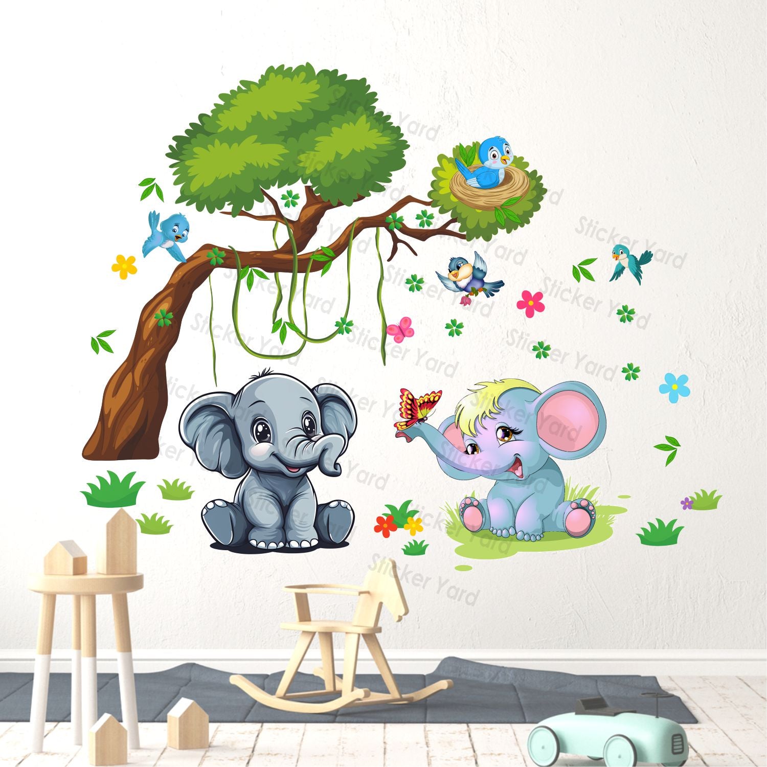 FramingoKart Pvc Vinyl Baby Elephants Tree Self-Adhesive Wall Sticker for Home Decor/Decoration - Living Room, Bedroom, Kids Room (Multicolor,Size 96X76CM)