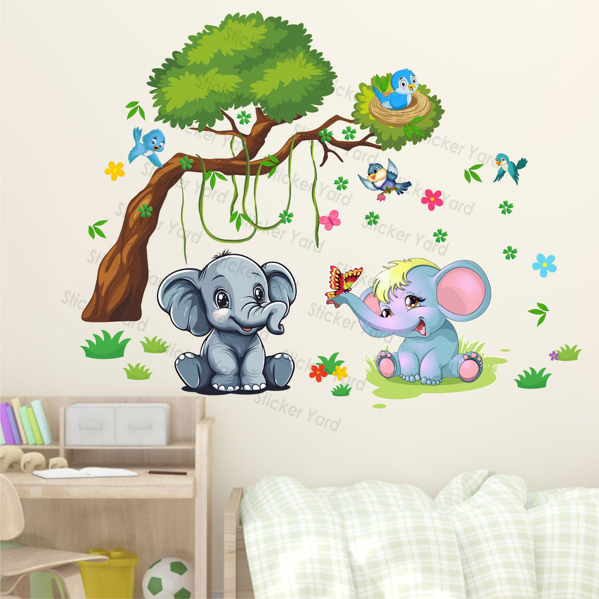 FramingoKart Pvc Vinyl Baby Elephants Tree Self-Adhesive Wall Sticker for Home Decor/Decoration - Living Room, Bedroom, Kids Room (Multicolor,Size 96X76CM)