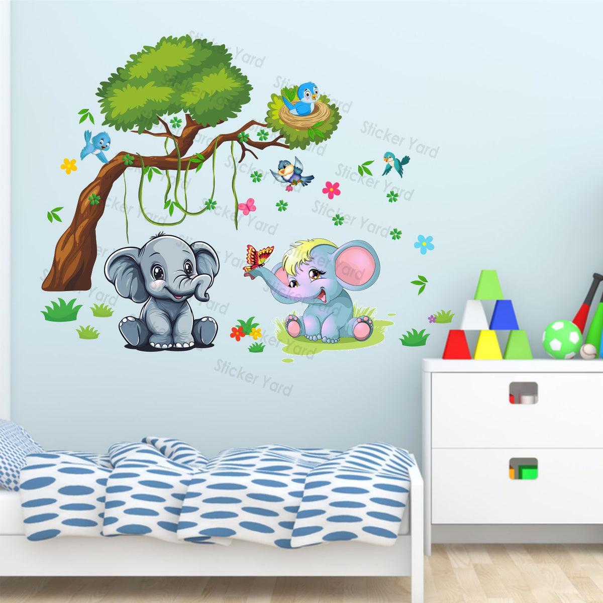 FramingoKart Pvc Vinyl Baby Elephants Tree Self-Adhesive Wall Sticker for Home Decor/Decoration - Living Room, Bedroom, Kids Room (Multicolor,Size 96X76CM)