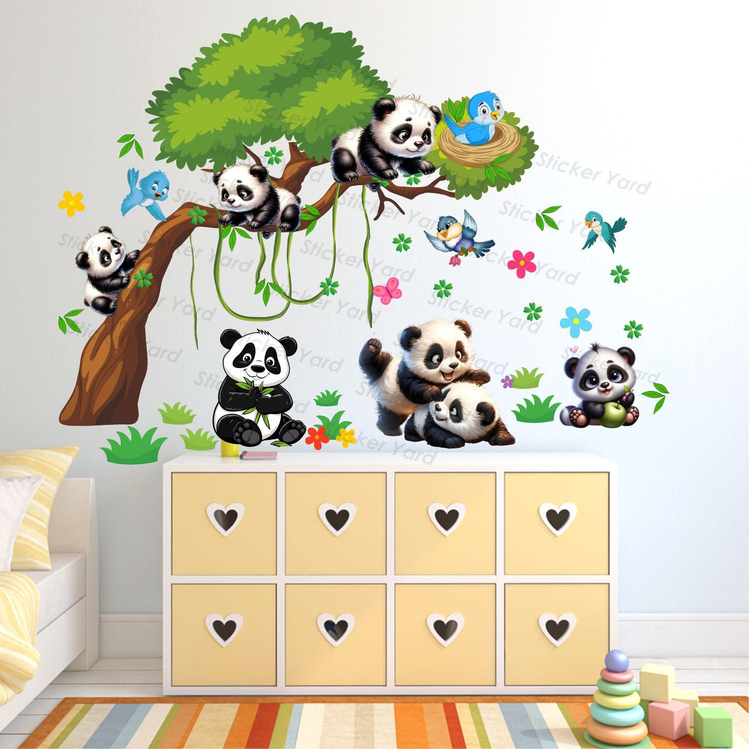FramingoKart Pvc Vinyl Cute Panda Gang Tree Self-Adhesive Wall Sticker for Home Decor/Decoration - Living Room, Bedroom, Kids Room (Multicolor,Size 85X63CM)